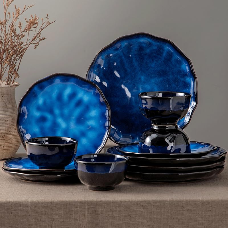 4-piece set, ceramic, natural active glaze plate and bowl set, microwave and dishwasher compatible tableware set, shatterproof and scratch resistant dinner set, irregular edge design, blue - color: style - 4