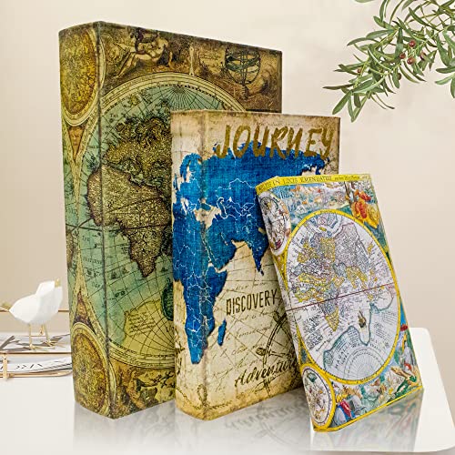 Decorative Book Box Set of 3,Fake Book Trinket Keepsake Storage Box | Faux Antique Book Shaped Vintage Style Decorative Books Boxes with Ancient World Map Pattern Books,Graduation Gift - color: Map Pattern-Set of 3