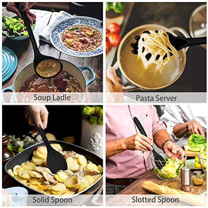 P&P CHEF Black Kitchen Utensils, Silicone Cooking Utensil Set of 7 | Soft Spatula for Nonstick Cookware, Slotted Turner, Soup Ladle, Pasta Server, Spoon for Cooking, Dishwasher Safe & Heat Proof - color: Black