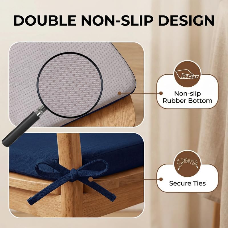 D-Shaped Chair Cushions Set of 1, Chair Pads with Ties, 17" x 16" | 2" Thick Non Slip Seat Cushion for Dining & Kitchen Chairs, 40D Foam, Removable Washable Cover, Dark Blue - color: Dark Blue