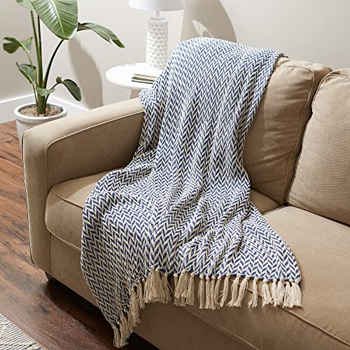 DII Modern Zig Zag Throw Blanket Woven Cotton, Hand-Knotted 2.5" Fringe, 50x60, French Blue - color: French Blue, size: 50x60"