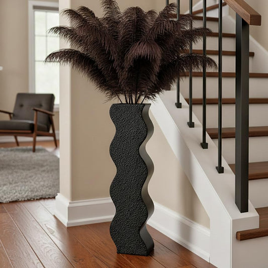 Modern Black Wave Floor Vase, 23.6 Inch Tall Decorative Vase for Large Pampas Grass, Feathers, Dried Flowers, Home Decor for Living Room, Fireplace Mantel, Bedroom - Resin Vase - color: Black