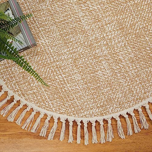Hand Woven Circle Area Rug, Soft Hand Woven Cotton Washable Carpet | 4ft Modern Farmhouse Rugs with Tassels, Tan/Cream Round Rugs for Bedroom Living Room Dining Room Table Office - color: Tan/Cream, size: 4' (Round)