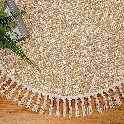 Boho Round Area Rug, Soft Hand Woven Washable Bedroom Carpet 3ft | Modern Farmhouse Bedside Rugs with Tassels, Tan/Cream Circle Nursery Rugs for Living Room Dining Room Table Office - color: Tan/Cream, size: 3' (Round)