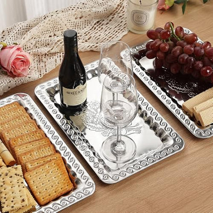 4-Pack Small Silver Serving Trays Set - ZENOVLUX Swirl Floral Engraved Mirror Decorative Tray, 11.4" x 7" Wedding Party Platters for BBQ, Food, Appetizer, Charcuterie, Cookies, Desserts - size: 11.4" x 7"
