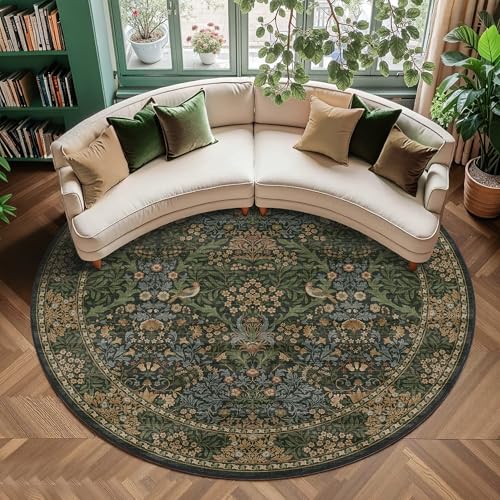 8ft Washable Area Rug Boho Non-Slip Carpet for Living Room Gold Green | Soft Low-Pile Circle Rug,Distressed Botanical Birds Rug,Stain Resistant Foldable Round Rug for Bedroom Dining Room Office - color: Gold Green (Larger Pattern), size: 8' (Round)