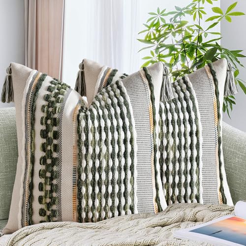Set of 2 Chenille Striped Textured Boho Throw Pillow Covers Aesthetic with Tassels Woven Decorative Pillow Case for Couch Bed Sofa Bedroom Modern Funky 18 x 18-Inch Sage Green - color: Sage Green, size: 18" x 18" (Pack of 2)