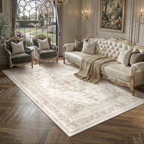6x9 Washable Area Rug Beige Vintage Distressed Netural Carpet | Non-Slip, Non Shedding, Low Pile, Soft Durable, Medallion Indoor Rug, Small Living Room, Dining Room, Bedroom, Home Decor - color: Antique Beige, size: 6' x 9' (Rectangular)