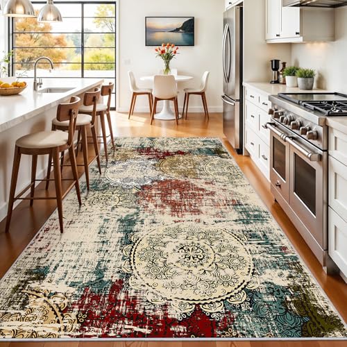 Modern Abstract 4x8 Runner Rug: Washable Low Pile Soft Area Rugs Entryway | Non-Slip Stain Resistant Mandala Stamped Ease of Vacuuming Floor Mat Bedroom Kitchen Coverage Farmhouse Apartment Red Green - color: Red/Green/Multi, size: 4' x 8' (Rectangular)