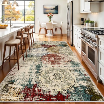 Modern Abstract 4x8 Runner Rug: Washable Low Pile Soft Area Rugs Entryway | Non-Slip Stain Resistant Mandala Stamped Ease of Vacuuming Floor Mat Bedroom Kitchen Coverage Farmhouse Apartment Red Green - color: Red/Green/Multi, size: 4' x 8' (Rectangular)