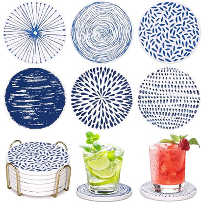 Absorbent Coasters Set of 6 Round Ceramic Coasters for Drinks Modern Blue Boho Coaster with Holder for Coffee Table Decor, Outdoor, Desk - style: Blue