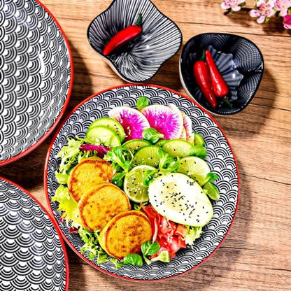 4-Piece Ceramic Salad Plate Set, 8-Inch Round Dessert Plates with Black & White Wave Motif, Modern Serving Dish with Vibrant Red Rim, Microwave & Dishwasher Safe, Stackable Plates for Sushi & Snacks - color: BL