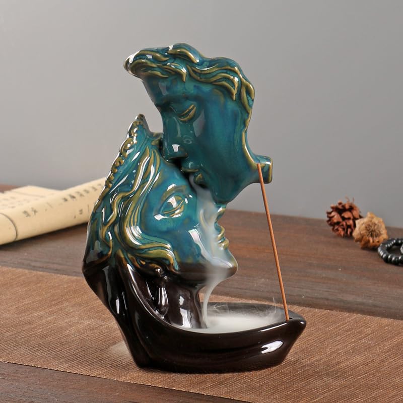 Man Kissing Woman Face Statue Backflow Incense Holder,Valentine's Day Waterfall Incense Burner Holder for Sticks Cones Home Office Yoga AI037 - color: Face Statue 2
