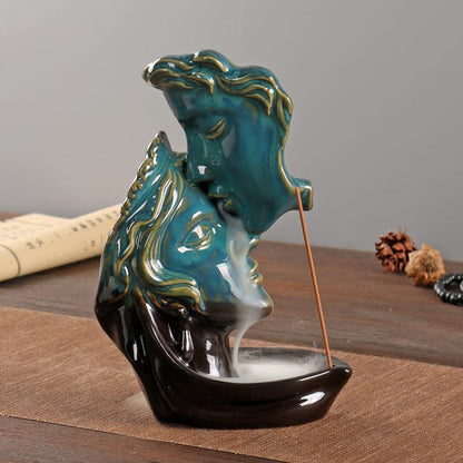Man Kissing Woman Face Statue Backflow Incense Holder,Valentine's Day Waterfall Incense Burner Holder for Sticks Cones Home Office Yoga AI037 - color: Face Statue 2