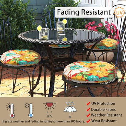 Magpie Fabrics Outdoor Round Bistro Seat Cushions with Ties, 15"x15"x4" Set of 2, Tufted Waterproof Barstool Chair Pads for Patio Home Garden Office, Embry Red Hibiscus - color: Embry Red Hibiscus