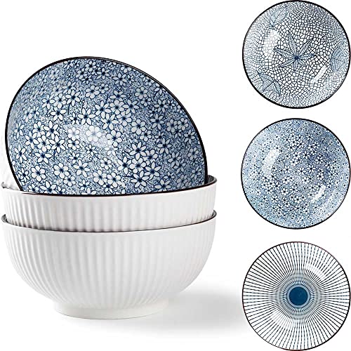 Houlu 60 oz Pho Bowls, Large Soup Bowl, Japanese Ramen Bowl Set, 8 inches Big Porcelain Bowls Set of 3, Mixing Pattern - color: Mixing Pattern