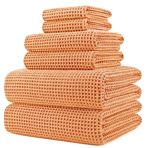 POLYTE 430 GSM Poly Blend Microfiber Quick Dry Waffle Bath Towel Set of 6 | 2-Body Towels, 2-Hand Towels, 2-Wash cloths, Oversize, Lint Free - color: Orange