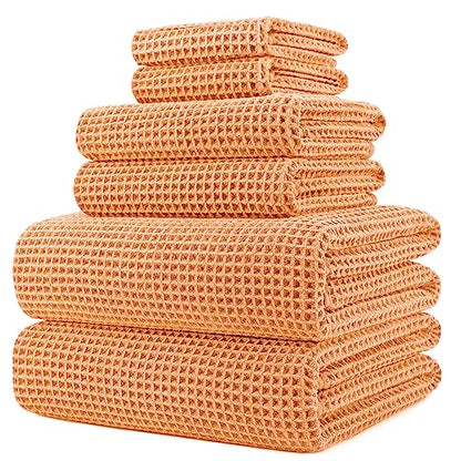 POLYTE 430 GSM Poly Blend Microfiber Quick Dry Waffle Bath Towel Set of 6 | 2-Body Towels, 2-Hand Towels, 2-Wash cloths, Oversize, Lint Free - color: Orange