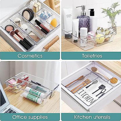 25 PCS Clear Plastic Drawer Organizer Set, 4 Sizes Stackable Storage Bins with Non-Slip Silicone Pads, Desk Bathroom Kitchen Makeup Office Drawer Organizers for Cosmetics,Gadgets & Accessories