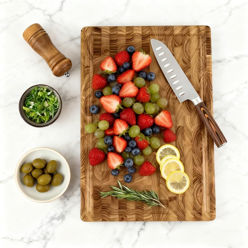 Teak Wood Cutting Board with Salt & Pepper Mill Set For Kitchen - High-End Non Slip Solid Thick Wood Haus Chopping Board with Juice Groove Large Size Best Kitchen Essential House Warming Gift Set