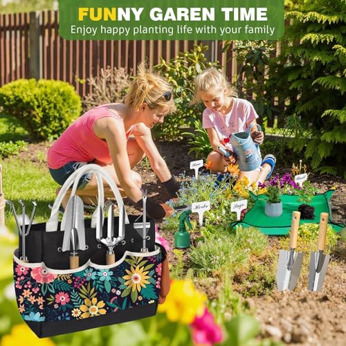 22Pcs Gardening Tools Set for Women Heavy Duty Garden Hand Tool Kit Birthday Gifts for Mom Her Wife Grandma Beginner Gardening Accessories with Tote Bag/Shovel/Repotting Mat/Plant Labels/Gloves-Black - color: Black