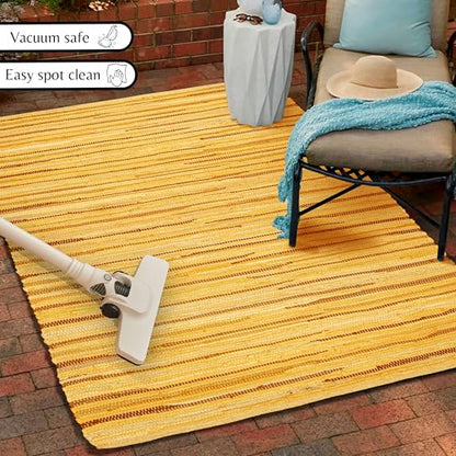 Chindi Area Rug 3x5 Feet - Mustard | Cotton Woven Rugs for Bedroom, Easy Clean Boho Throw Carpet - color: Mustard, size: 3 x 5 feet