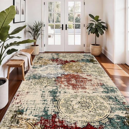 Modern Abstract 4x8 Runner Rug: Washable Low Pile Soft Area Rugs Entryway | Non-Slip Stain Resistant Mandala Stamped Ease of Vacuuming Floor Mat Bedroom Kitchen Coverage Farmhouse Apartment Red Green - color: Red/Green/Multi, size: 4' x 8' (Rectangular)