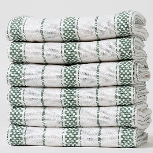 Kitchen Towels Set – Pack of 6 (20’’ x 30’’) Extra Large Premium Cotton Dish Towels for Kitchen – Chain Stripe Towels – Absorbent – 100% Cotton – with Hanging Loop – Green - color: Green Chain Striped, size: Pack of 6