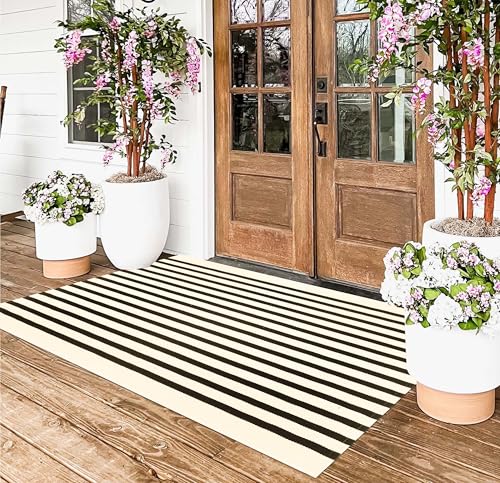 Washable Outdoor Rug 3'x5',Black and Beige Striped Area Rug | Machine Washable Hand-Woven Cotton Door Mats Outdoor Farmhouse Front Porch Rug for Entryway Entrance Decor - color: Beige Black, size: 3' x 5' (Rectangular)