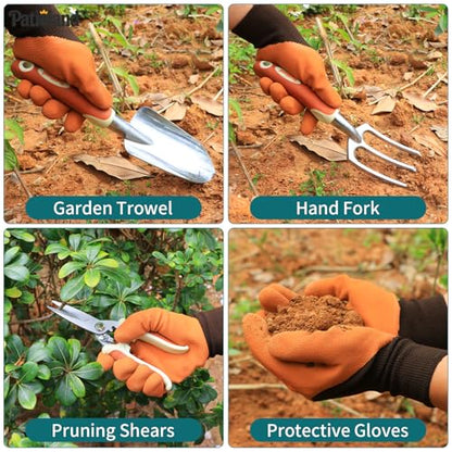 Brown Garden Tool Set 4-Piece, Trowel, Fork, Pruning Shear&Gloves | Aluminum Gardening Hand Tools, Non-Slip Ergonomic Handles, for Digging Weeding, Gift for Women Men Gardener Plant Lovers - color: brown-4pcs