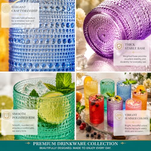 Khen Plastic Hobnail Drinking Highball Glasses Set of 6 Bright Tones Cups 14oz, Shatterproof & Unbreakable Acrylic Beaded Design, BPA-Free, Dishwasher Safe Indoor/Outdoor Drinkware Water, Cocktails - color: Sunshine Colors, style: Set of 6