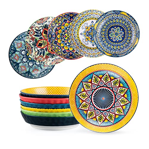 HENXFEN LEAD Pasta Salad Bowls Set of 6, Wide and Shallow Serving Bowls for Kitchen 32 Oz - 8 Inch Porcelain Soup Bowl, Pasta Plates Dishwasher & Microwave Safe - Bohemian style | Assorted Patterns, 8 Inch Pasta Plates with Wide and Shallow Design, Microw