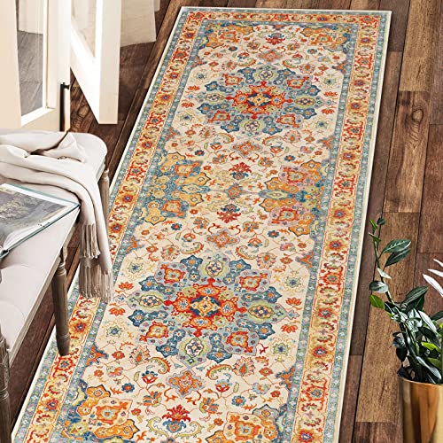 COMSLE Boho Runner Rug, 2' x 8' Washable Rugs for Hallway Indoor Non-Slip | Faux Wool Small Kitchen Rug, Distressed Throw Rug, Laundry Room Rug Carpet Runner for Entryway Bedroom - color: Terracotta/Royal Blue-1, size: 2' x 8' (Runner)