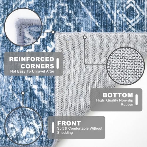KILOCOCO Washable Runner Rug 2x6 ft Hallway Runners, Stonewashed Blue | Non Slip Runner Rug, Printed Kitchen Runner Rug, Low-Pile Entryway Runners, Soft Geometric Rugs for Bedroom Hall Living Room - color: Stonewashed Blue, size: 2' x 6' (Runner)