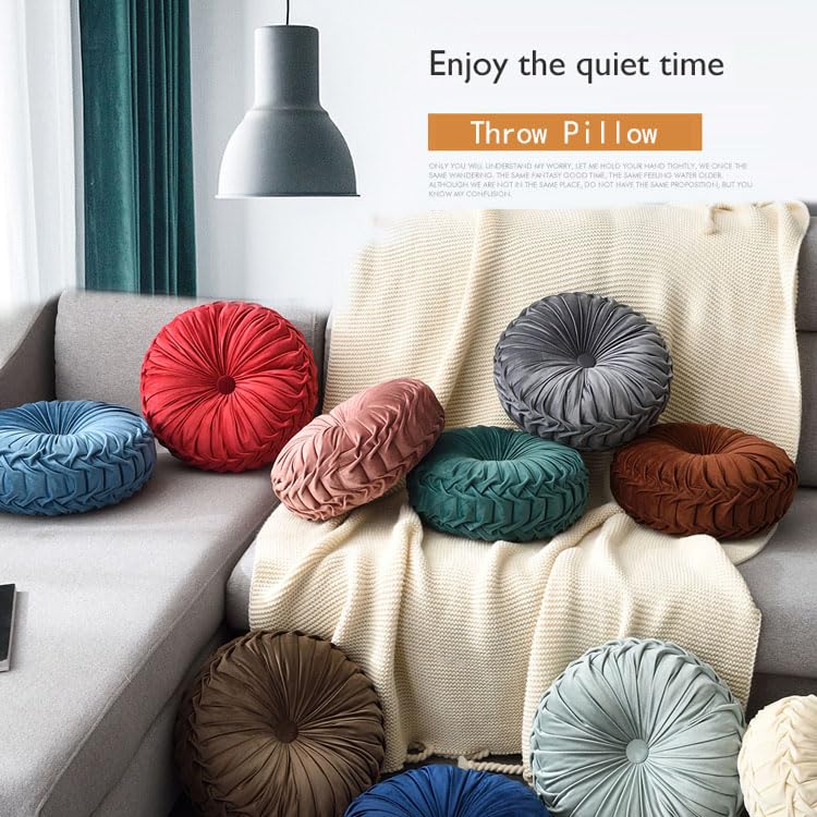 Round Throw Pillow Velvet 1 Pcs 14.17" Home Decoration Pleated 3D Pumpkin Pillow Cushion for Couch Chair Bed Car (Dark Coffee)