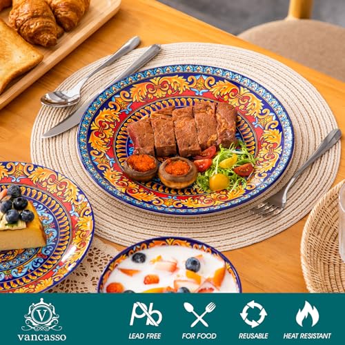 vancasso 18-Piece Dinnerware Sets,Ceramic Plates and Bowls Sets Service for 6, Bohemian Style Porcelain Dishes Set for 6, Microwave and Dishwasher Safe, Scratch Resistant,Non Toxic, Series KRVI - size: Service for 6 (18 Pcs)