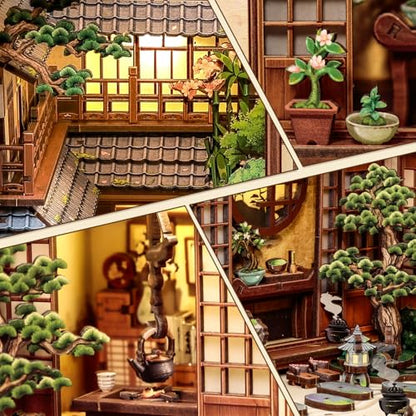 Japanese Book Nook Kit, Serene Courtyard | DIY Miniature House 3D Wooden Puzzles for Adults Japan Bookshelf Decor with LED Lights - style: Serene Courtyard