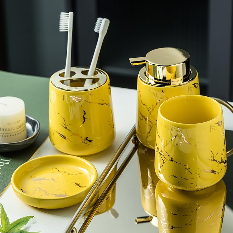 YYW Ceramic Bathroom Accessory Set, Marble Soap Dispenser Washing Set- Hand Lotion Dispenser Pump, Toothbrush Holder,Tumblers, Soap Dish-Refillable Liquid Dispenser (Yellow Four Piece)
