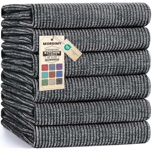 Mordimy Premium Large Cotton Kitchen Towels (18"x 28", 6 Pack), Black | 100% Ring Spun Cotton, Super Absorbent, 380 GSM, Flat & Terry, Soft, Hanging Loop Dish Towels - color: Black, size: 18"x28" - 6 Pack