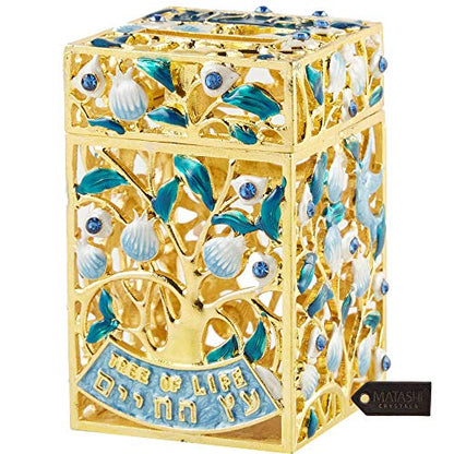 Matashi Hand-Painted Enamel Tzedakah Charity Box Keepsake Treasure Box | Embellished with Crystals and a Tree of Life Motif Design with Gold Accents, Judaica Home Decor Piggy Bank Gift for Holiday