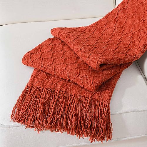 BATTILO HOME Rust Throw Blanket for Couch, 50" x 60", Acrylic Knit Woven Summer Blanket, Lightweight Decorative Soft Nap Throw with Tassel for Chair Bed Sofa Travel Picnic, Suitable for All Seasons - color: Orange-red