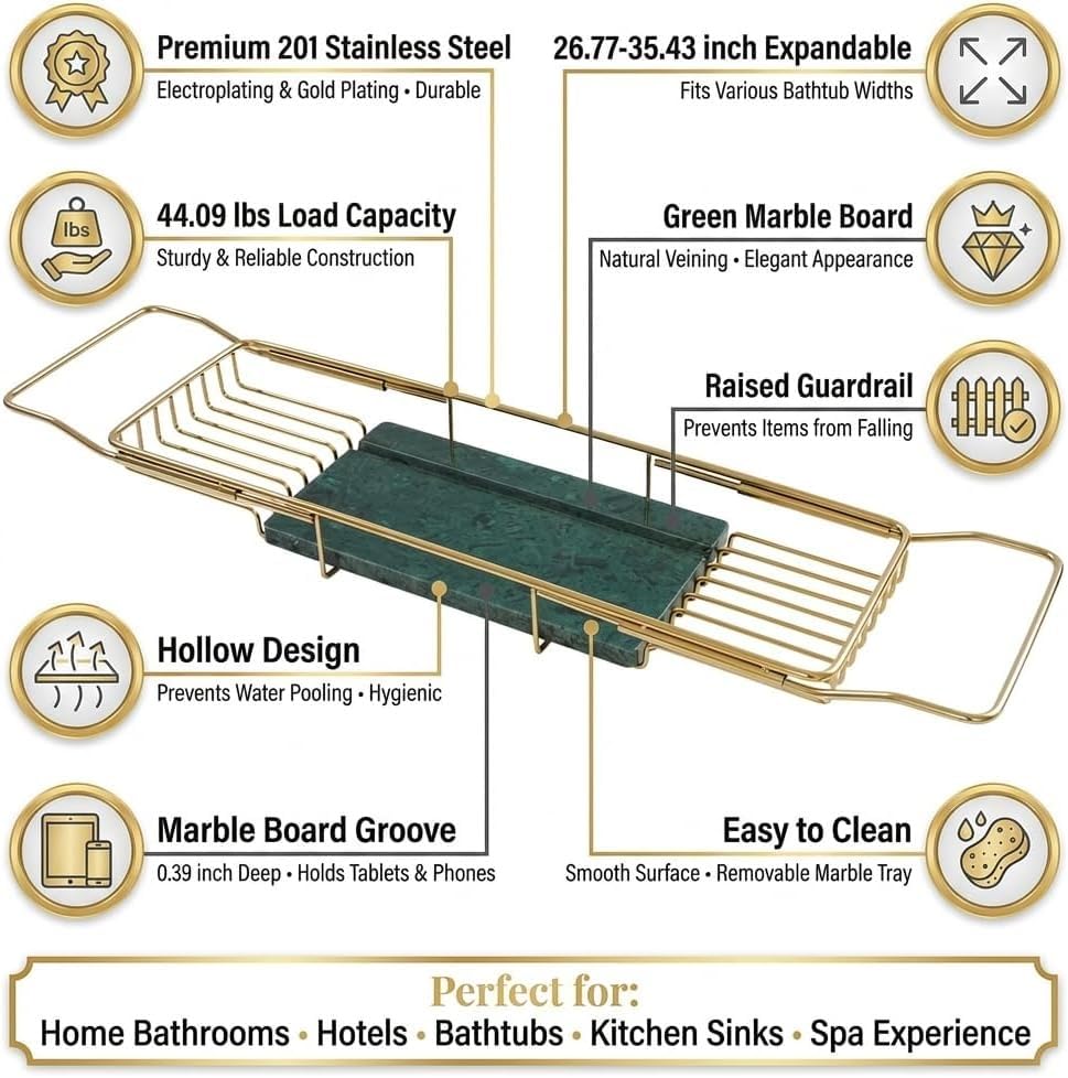 Expandable Stainless Steel Bathtub Caddy Tray with White Marble Board, | Extra Wide Rustproof Shelf, Book Tablet & Wine Glass Stand For Luxury Home Spa(Gold+Green) - color: Gold+green