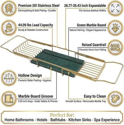 Expandable Stainless Steel Bathtub Caddy Tray with White Marble Board, | Extra Wide Rustproof Shelf, Book Tablet & Wine Glass Stand For Luxury Home Spa(Gold+Green) - color: Gold+green
