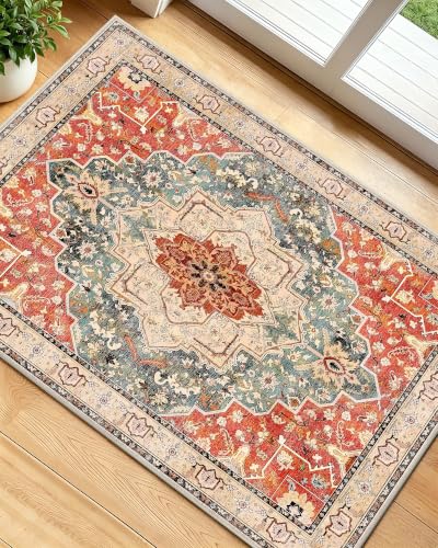 OLANLY 2x3 Washable Small Rug Non Slip Indoor Door Mat for Entryway Bedside | Brick Red Boho Vintage Floral Medallion Farmhouse Accent Rug Spill & Stain Resistant Low Pile for Kitchen Laundry Room Office - color: Brick Red, size: 2' x 3' (Rectangular)