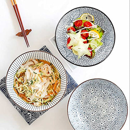 Houlu 60 oz Pho Bowls, Large Soup Bowl, Japanese Ramen Bowl Set, 8 inches Big Porcelain Bowls Set of 3, Mixing Pattern - color: Mixing Pattern