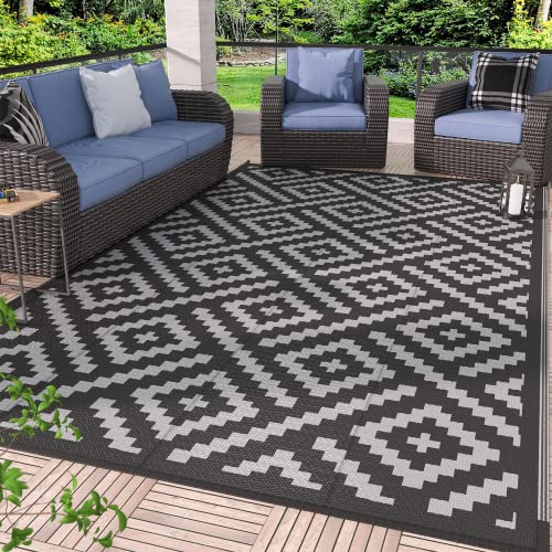GENIMO Outdoor Rug, Waterproof Plastic Rugs for Patio, 5'x8' Black Grey | Outside Larger Modern Carpet Mat for Porch Decor, Deck, Balcony, Camping, RV, Backyard, Picnic, Beach, Reversible, Foldable - color: Black & Grey, size: 5' x 8' (Rectangular)