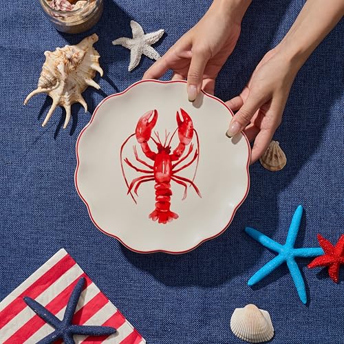 Bico Ocean Wonders Scalloped Salad Plates Set of 4, 8.75 Inch Ceramic Dessert Plates for Salad, Appetizer, Side Dishes, Microwave and Dishwasher Safe, Gift for Housewarming and Christmas - color: Ocean Creatures
