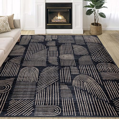 5x7 Area Rugs Washable Low Pile Non Slip Mid Century Modern Large | Machine Washable Throw Carpet for Living Room Bedroom Office Dining Room Indoor Boho Abstract Black and Gold - color: Black and Brown, size: 5' x 7' (Rectangular)