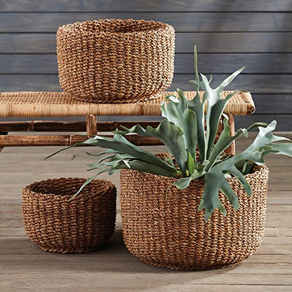 Set of 3 Woven Sea Grass Storage Baskets Cylinder 18 15 12 in Natural Spa Towel