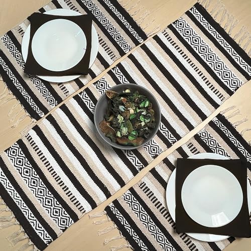 Black, Cream, White Boho Table Runner | Cotton Farmhouse Table Linen 13x36 Inches| Machine Washable, Durable and Easy to Combine - color: Ivory-black, size: 13x36 Inch.